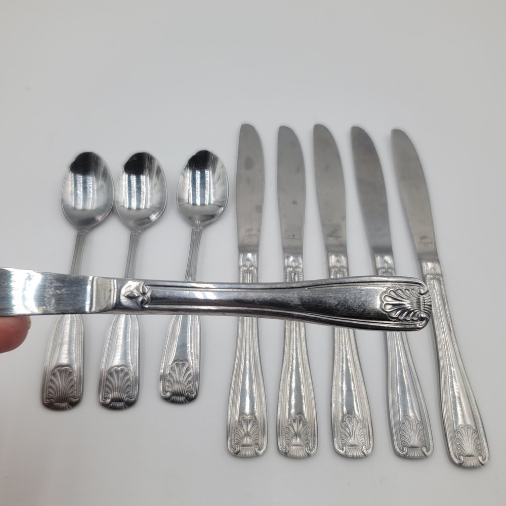 9pc Walco Fanfare Stainless Flatware Knives Teaspoons Shell Scallop ABC 28 18CR‎